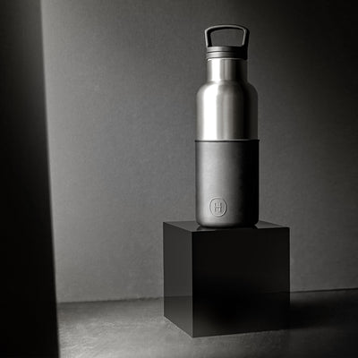 Titanium grey-Ink Black 16 Oz, HYDY - Water bottles, 18/8 (304) Stainless Steel, BPA Free, Reusable