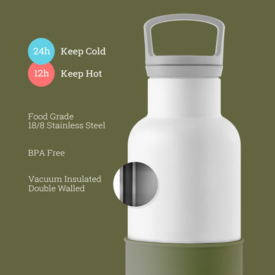 White-Seaweed Green 20 Oz, HYDY - Water bottles, 18/8 (304) Stainless Steel, BPA Free, Reusable